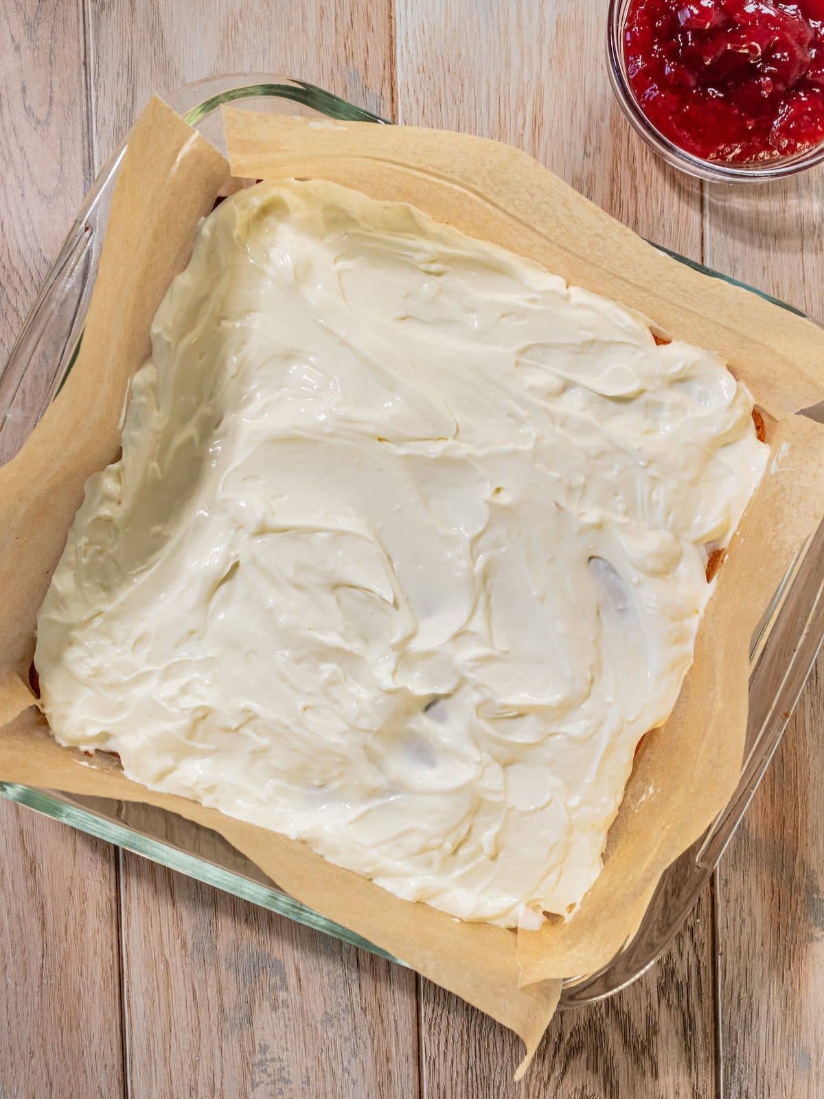 The cream cheese spread on top of the baked crust.