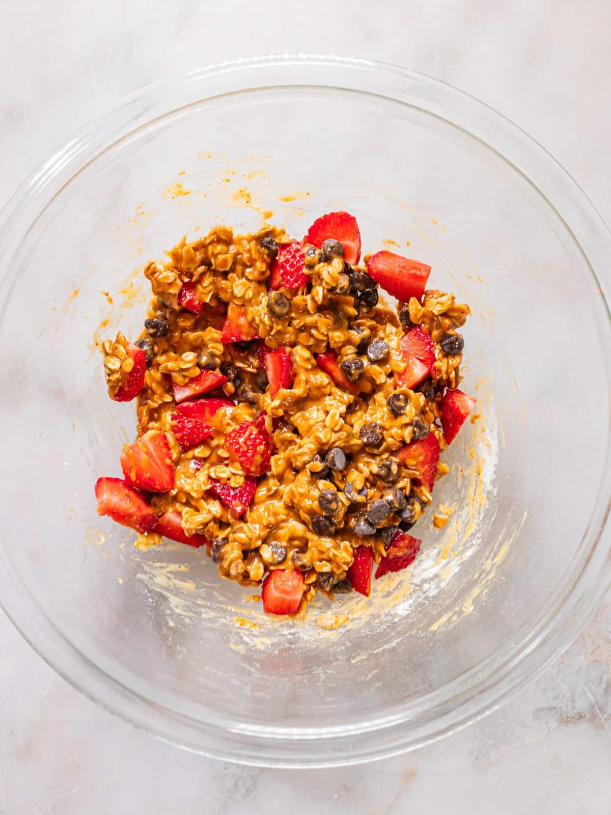 Strawberries and chocolate chips into the batter.