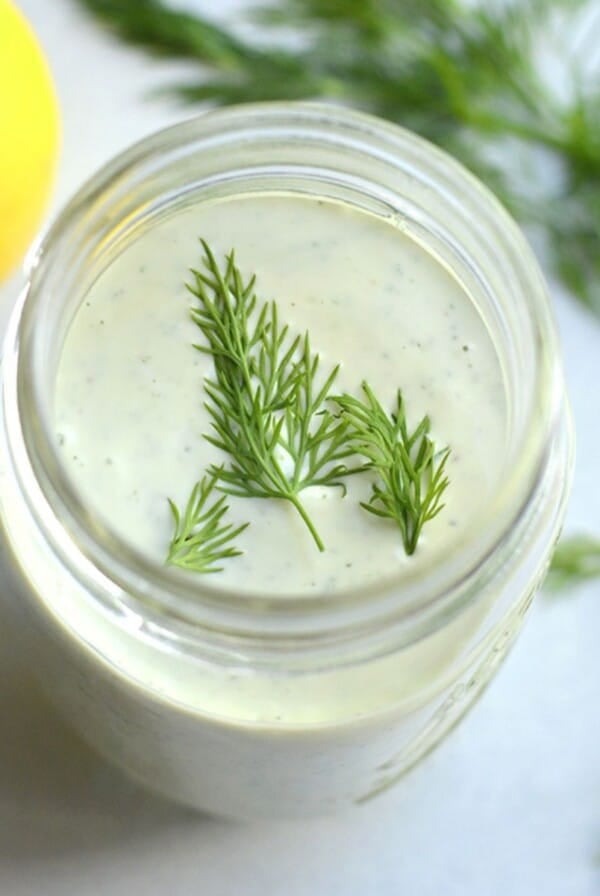 Greek yogurt ranch dressing in a mason jar.