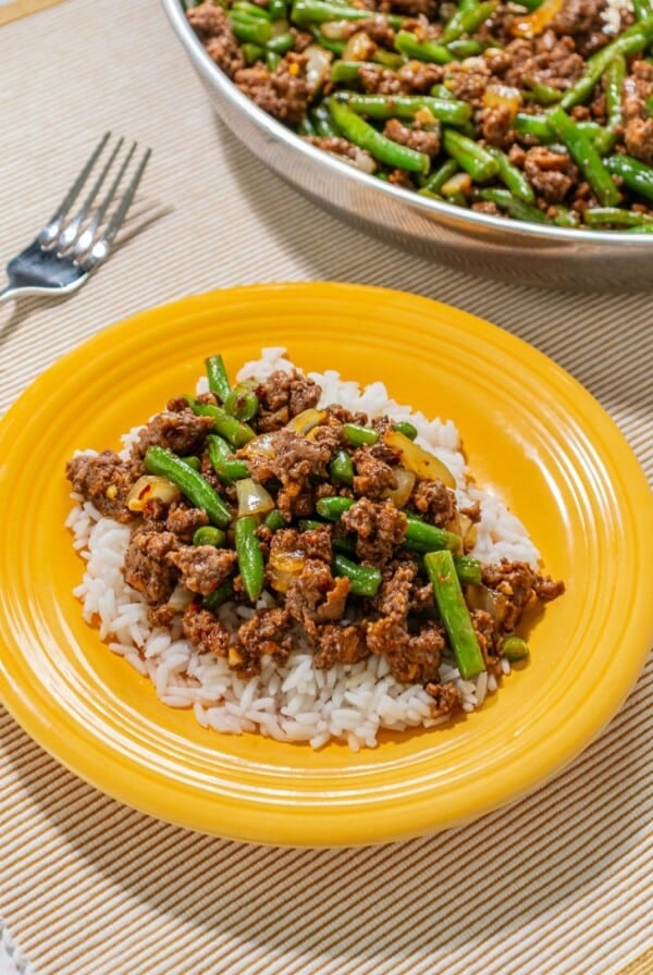 Ground beef stir fry ove rice.