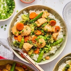 Healthy chicken teriyaki with rice in a bowl.