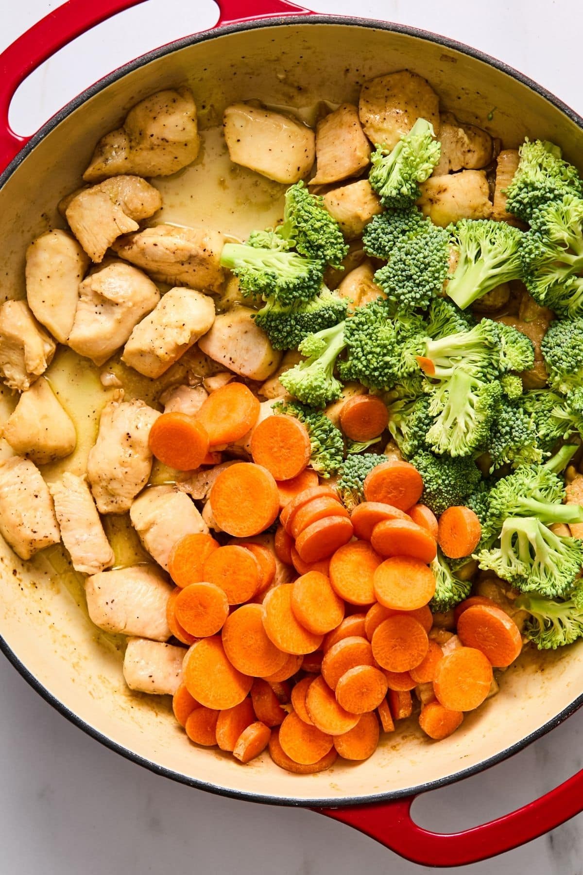 Veggies added to the cooked chicken.