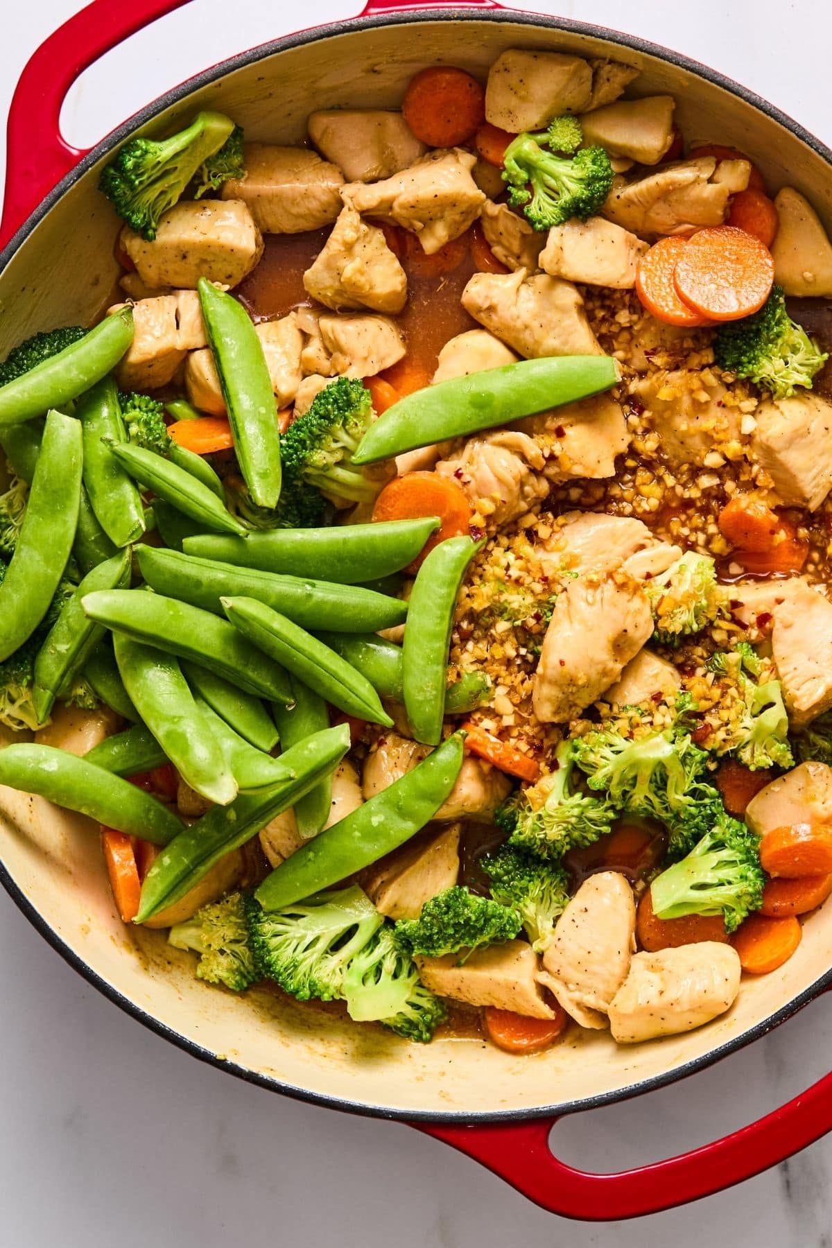 Snap Peas added to the skillet.