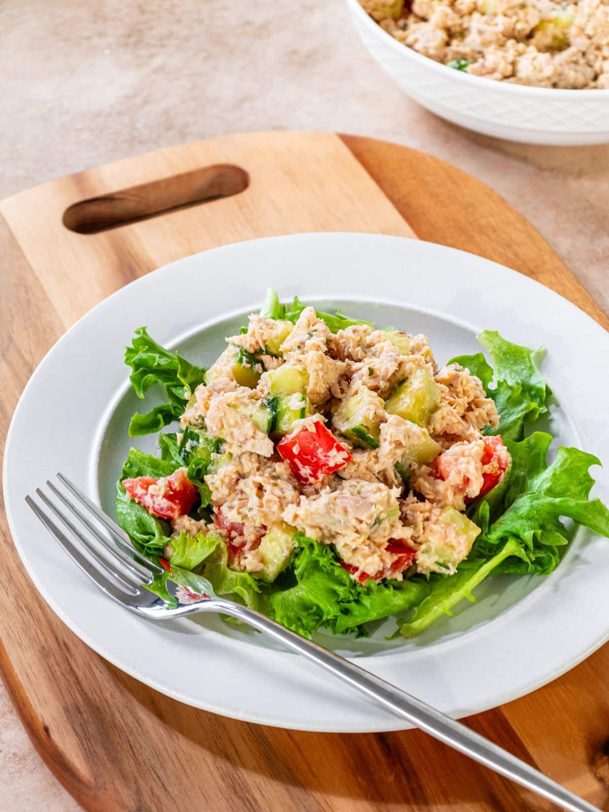 A plate filled with hummus tuna salad and a fork on the side.