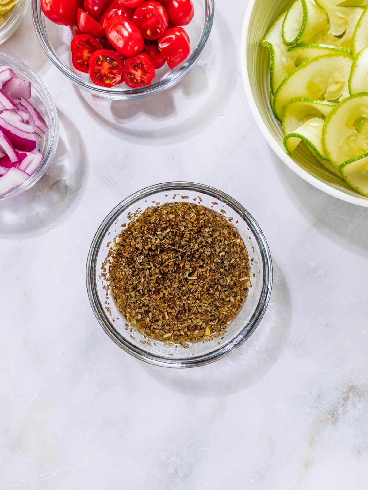 The dressing ingredients in a bowl.