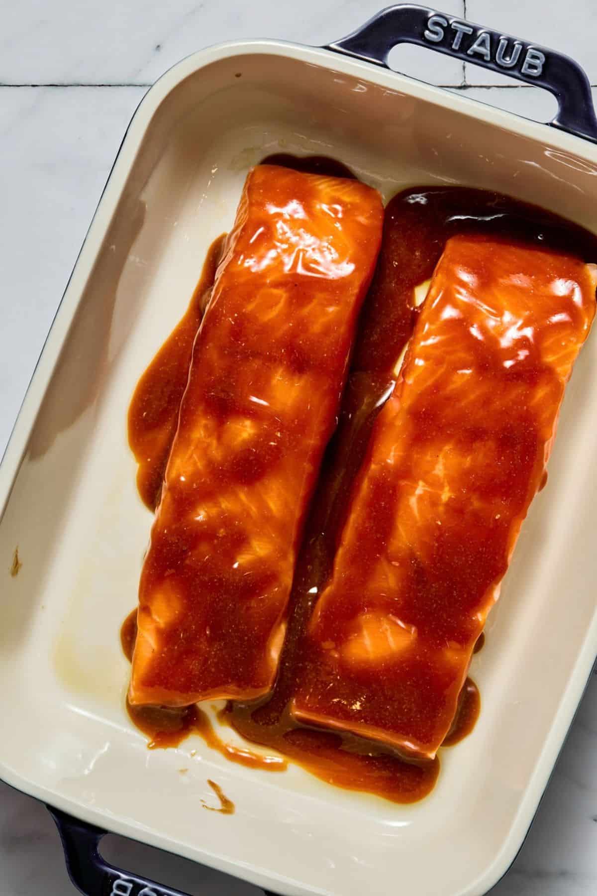 The sauce put on top of the salmon.