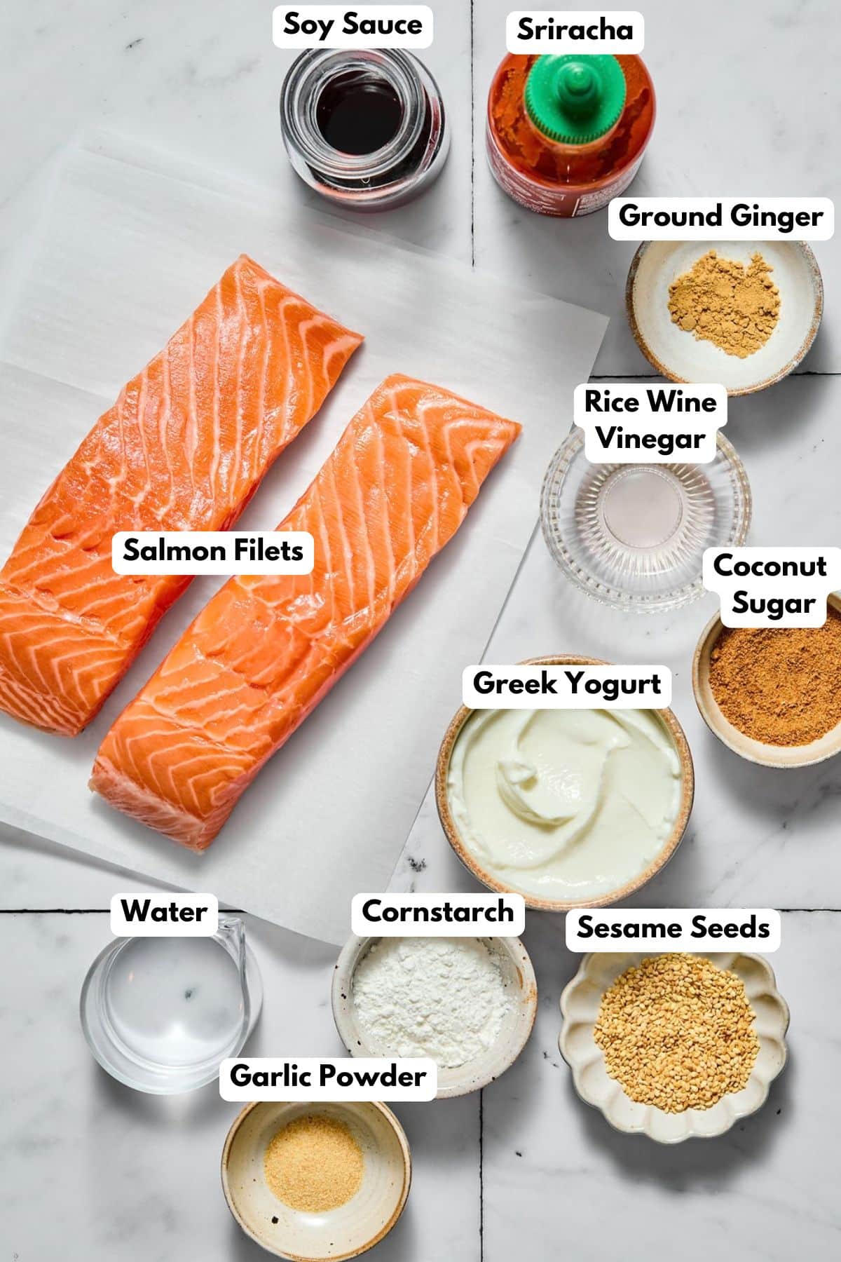Ingredients to make this teriyaki salmon recipe on a table.