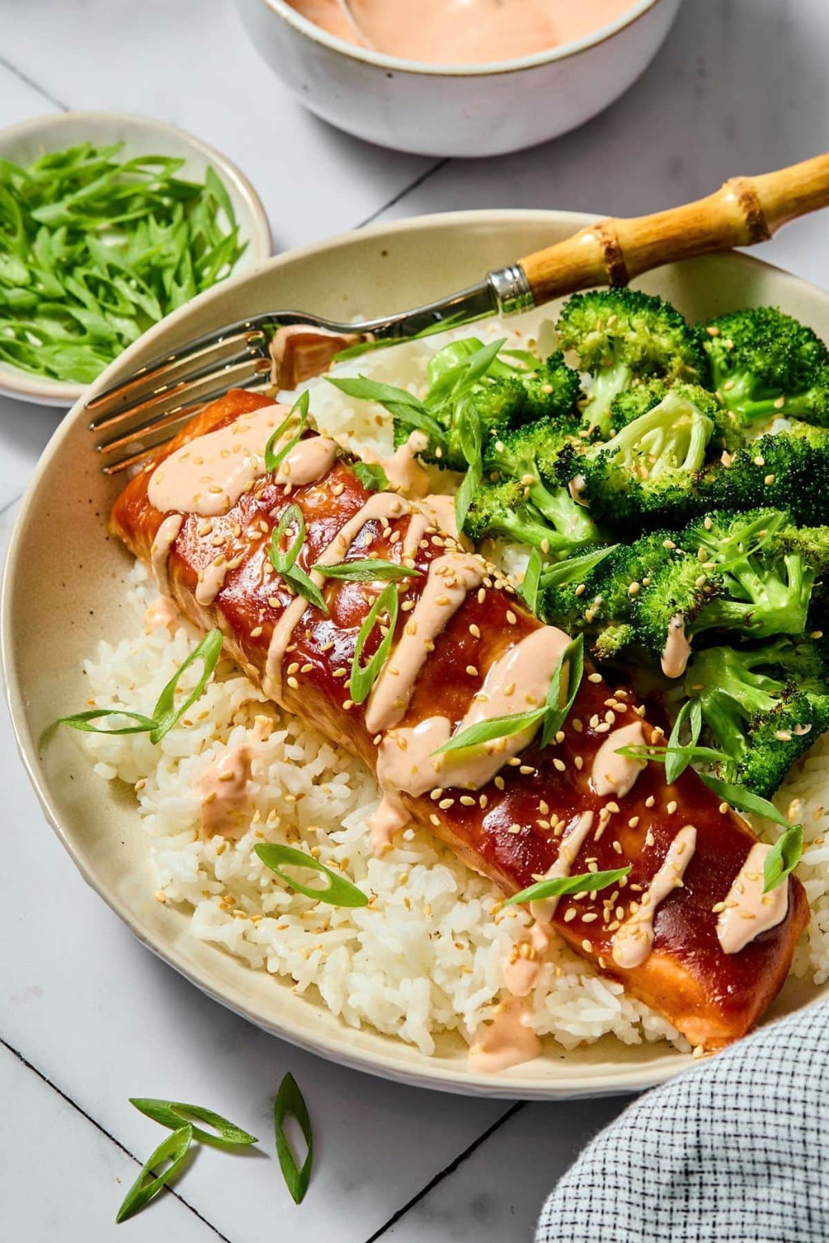 The sauce over the salmon, along with sesame seeds and green onions served over rice and cooked vegetables.