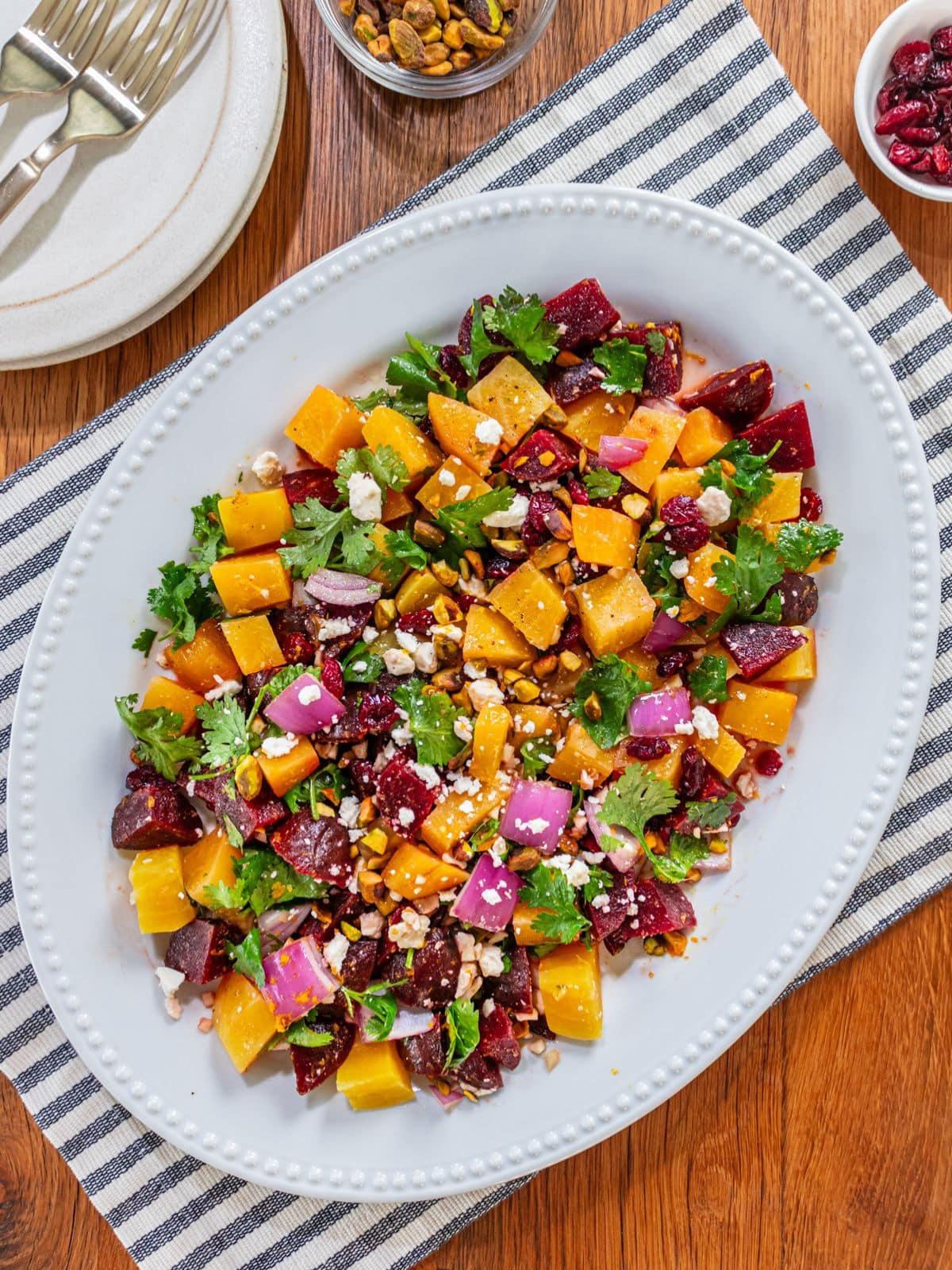 Beet salad with feta on a serving dish.