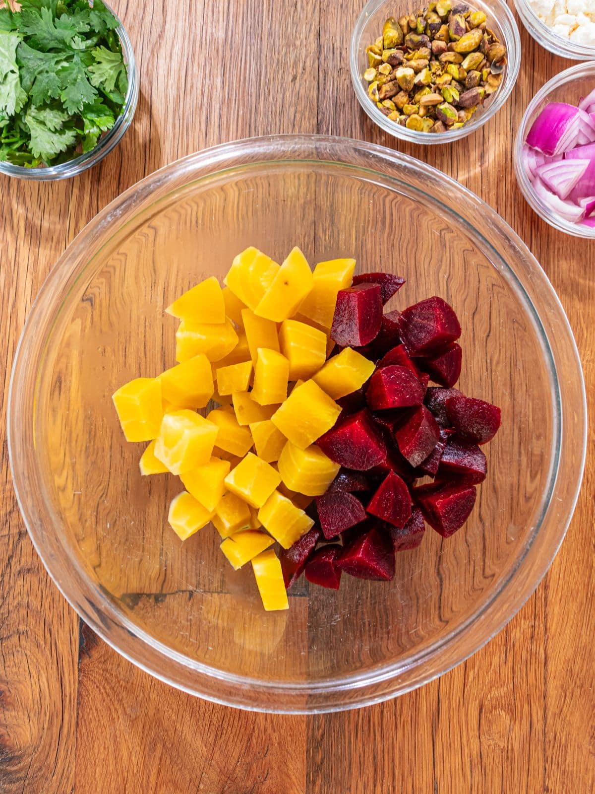 Both color beets cut up in a bowl.