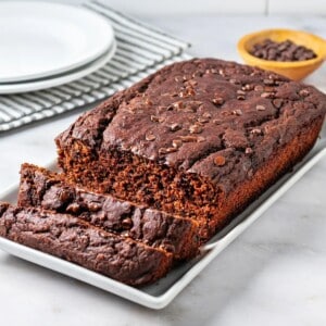 Butternut squash bread sliced on a serving platter.