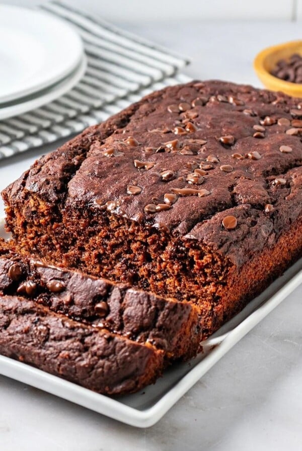 Butternut squash bread sliced on a serving platter.