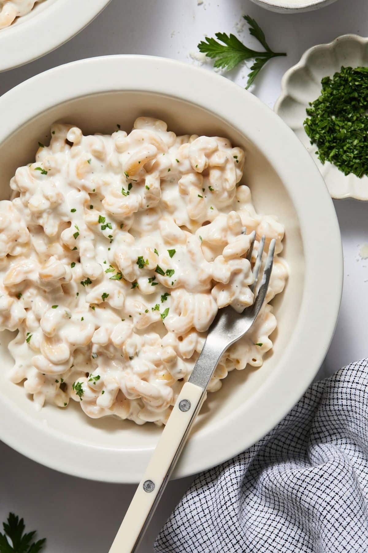 A bowl filled with pasta with protein alfredo sauce.