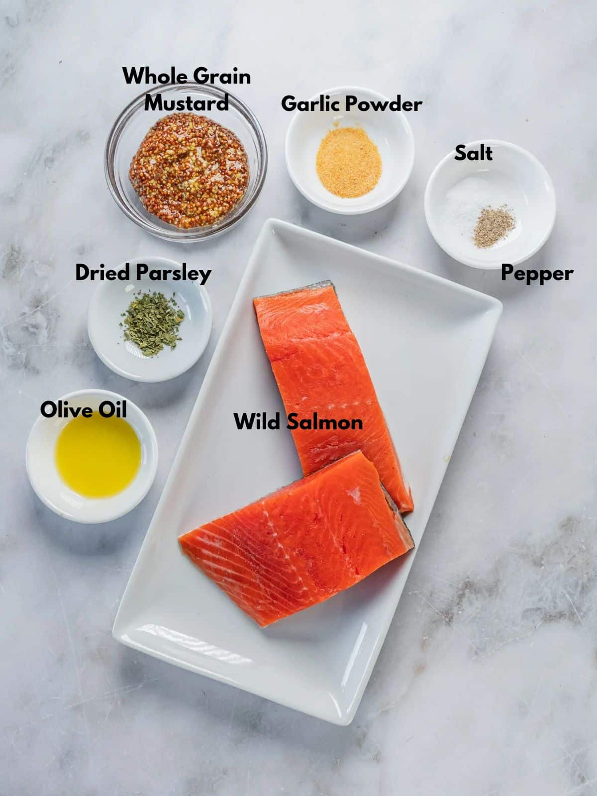Ingredients to make air-fried salmon on the table.