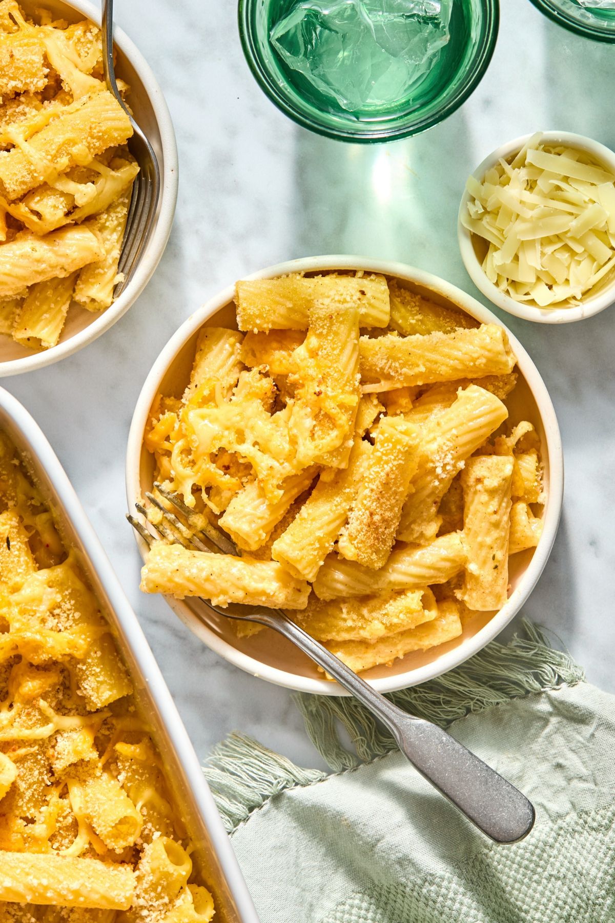 Butternut squash mac and cheese in a bowl.