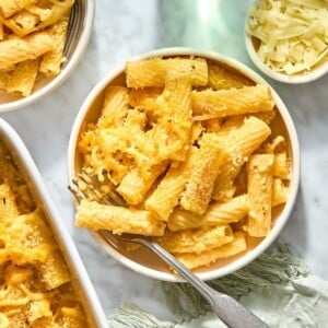A bowl filled with butternut squash mac and cheese.