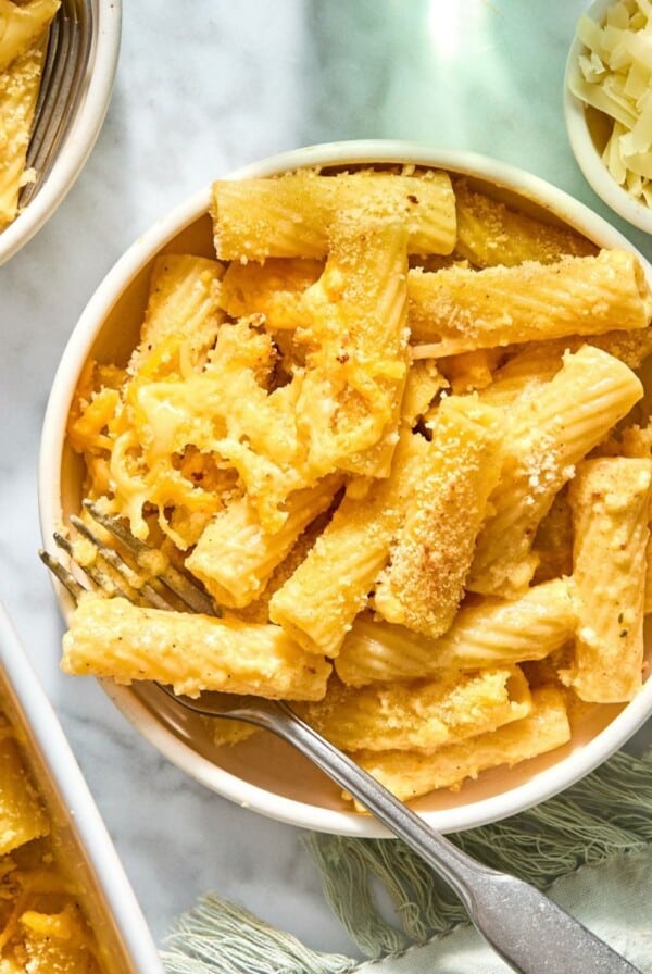 A bowl filled with butternut squash mac and cheese.