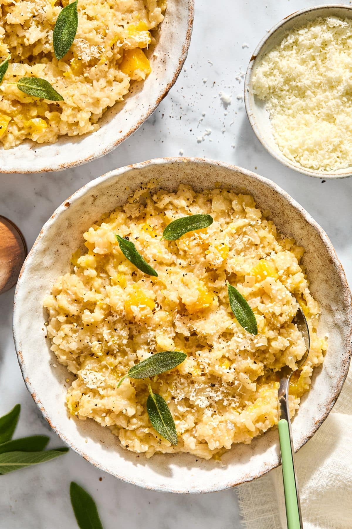 Butternut squash risotto in a bowl.
