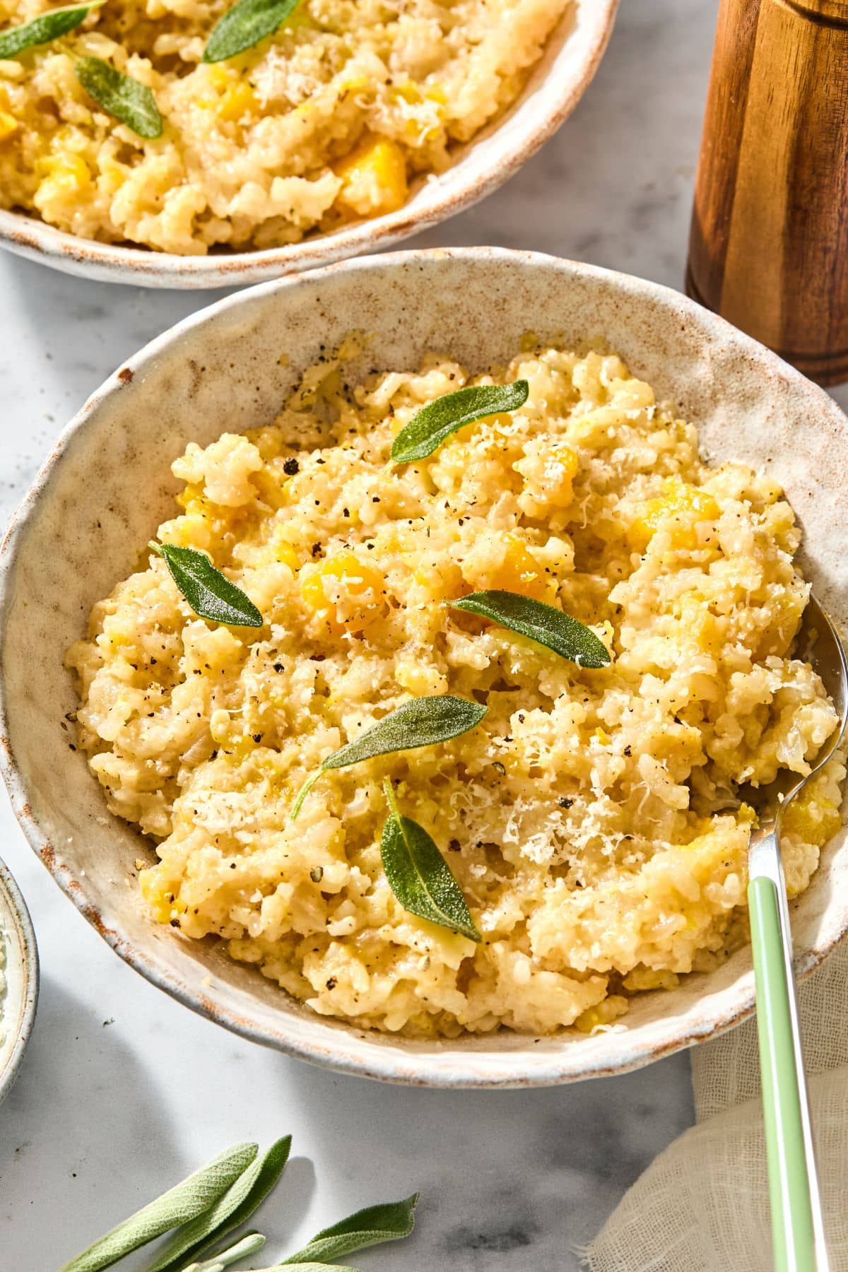 Risotto with butternut squash and sage on top.