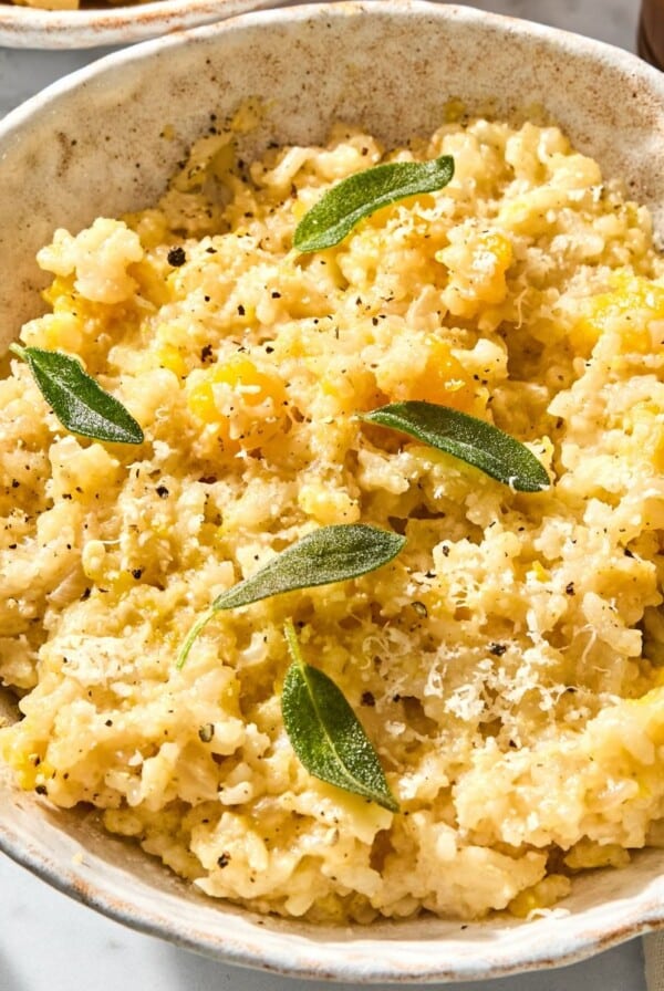 Butternut squash risotto with sage on top.